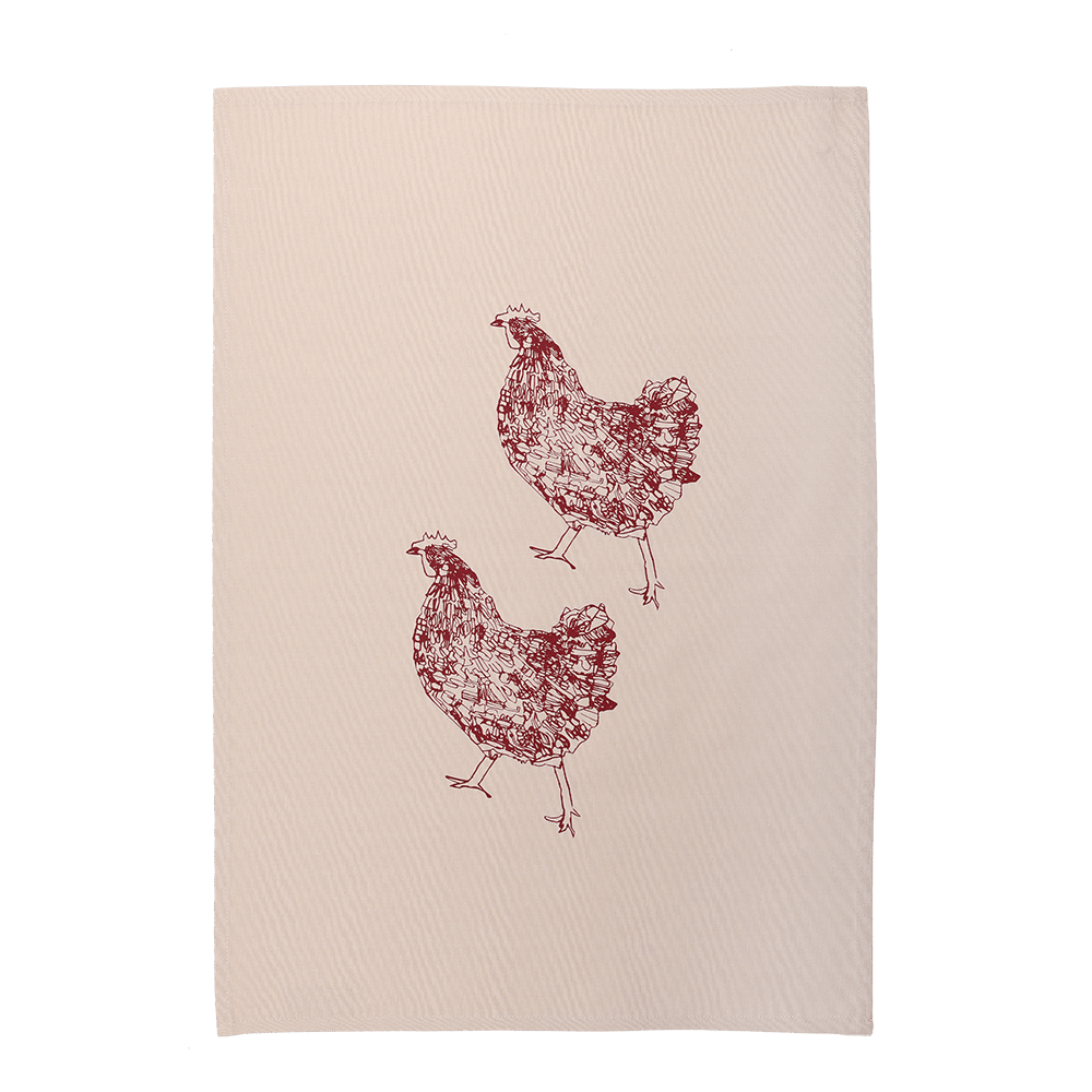 Ein Geschirrtuch, bedruckt mit Huhn in der Farbe beige.