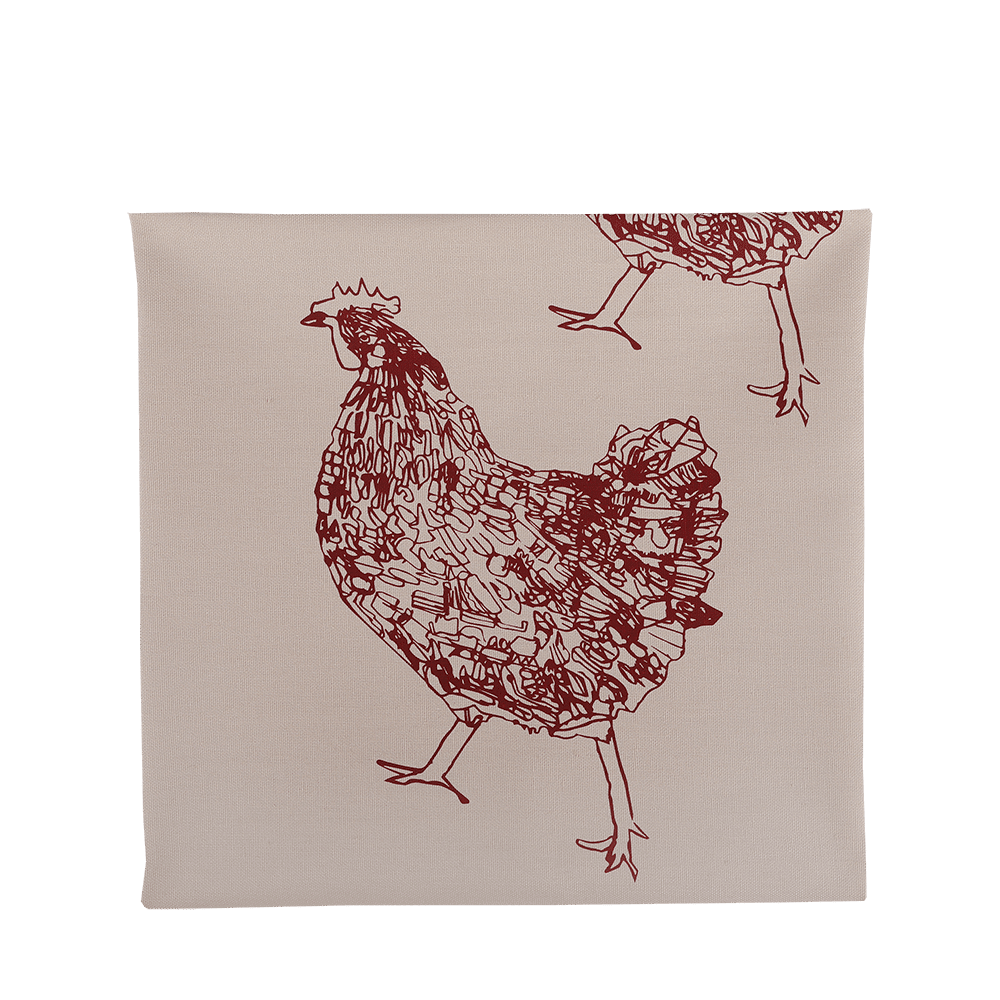 Ein Geschirrtuch, bedruckt mit Huhn in der Farbe beige.