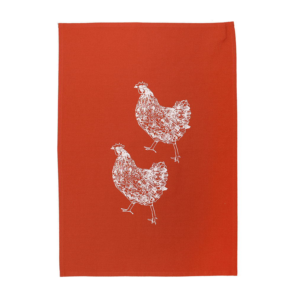 Ein Geschirrtuch, bedruckt mit Huhn in der Farbe rot-orange.