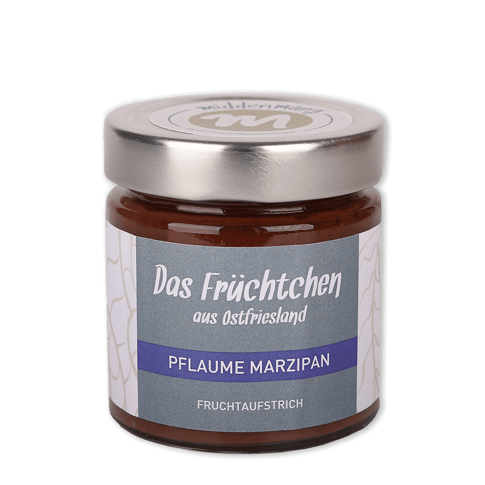 Ein Glas Fruchtaufstrich der Sorte Pflaume-Marzipan.