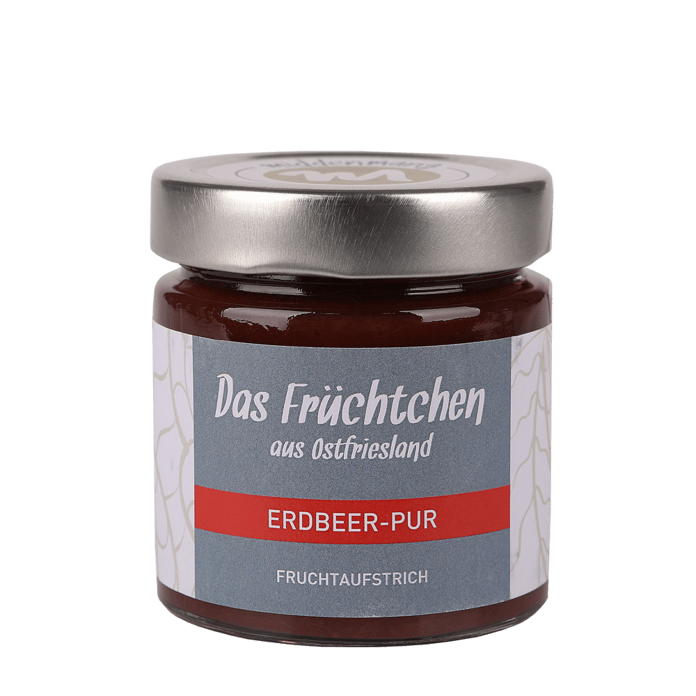 Ein Glas von einem Fruchtaufstrich in der Sorte Erdbeer pur.