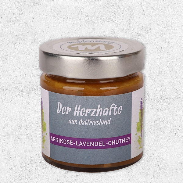 Ein Glas mit Aprikose-Lavendel-Chutney.
