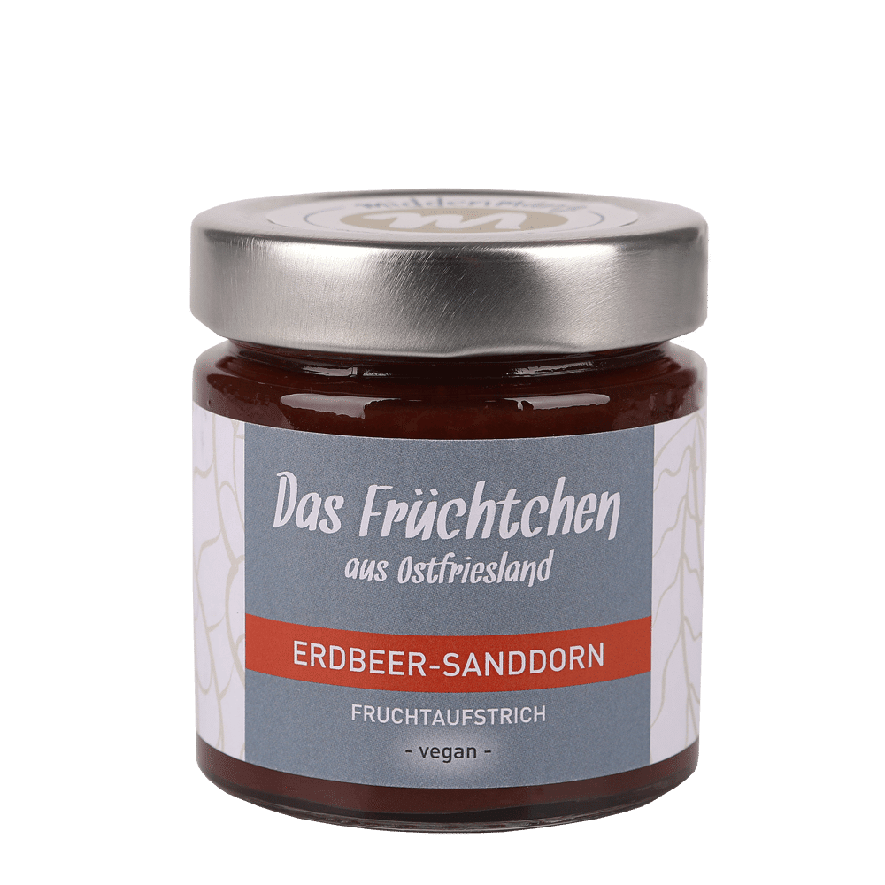 Ein Glas von einem Fruchtaufstrich in der Sorte Erdbeer-Sanddorn.