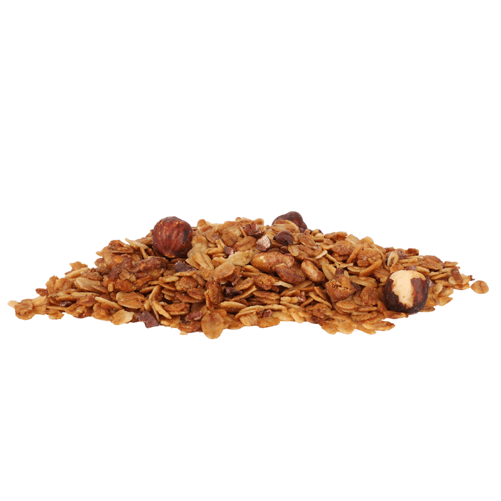 Ein Häufchen Knuspermüsli mit Bio-Kakaostückchen.