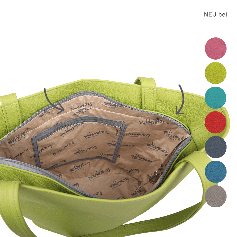 Tasche aus Leder von innen in der Farbe apfelgrün.