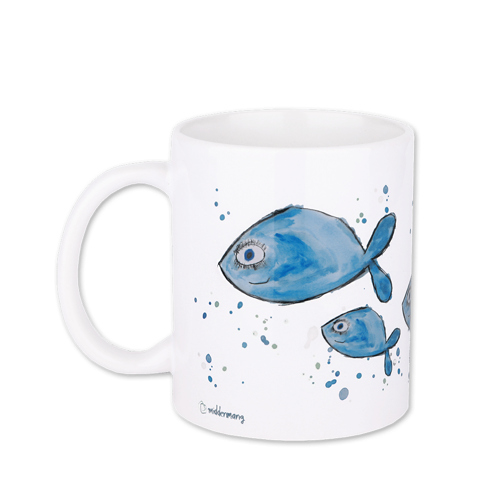 Bedruckte Tasse mit dem Motiv von fünf Fischen .