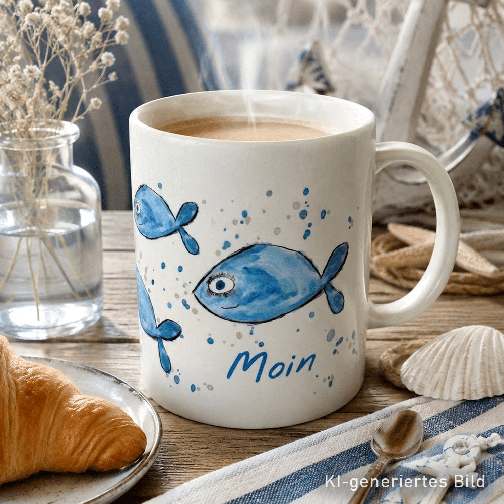 Eine Tasse, bedruckt mit dem Motiv Fisch und dem Wort Moin steht auf einem Tisch und ist mit Kaffee gefüllt.