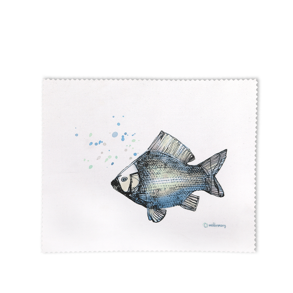 Ein Brillenputztuch bedruckt mit einem Fisch.