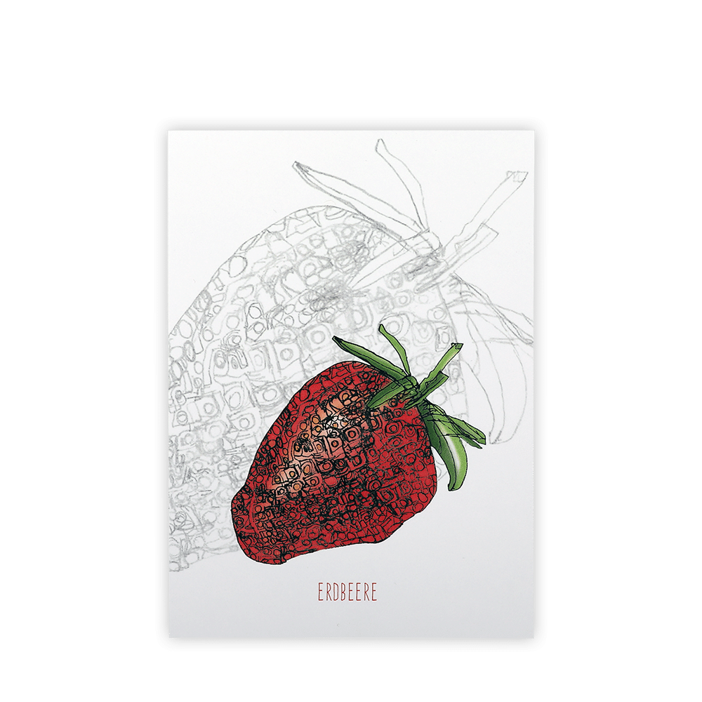Postkarte mit dem Motiv und Text Erdbeere. Farbige- und Bleistiftzeichnung.