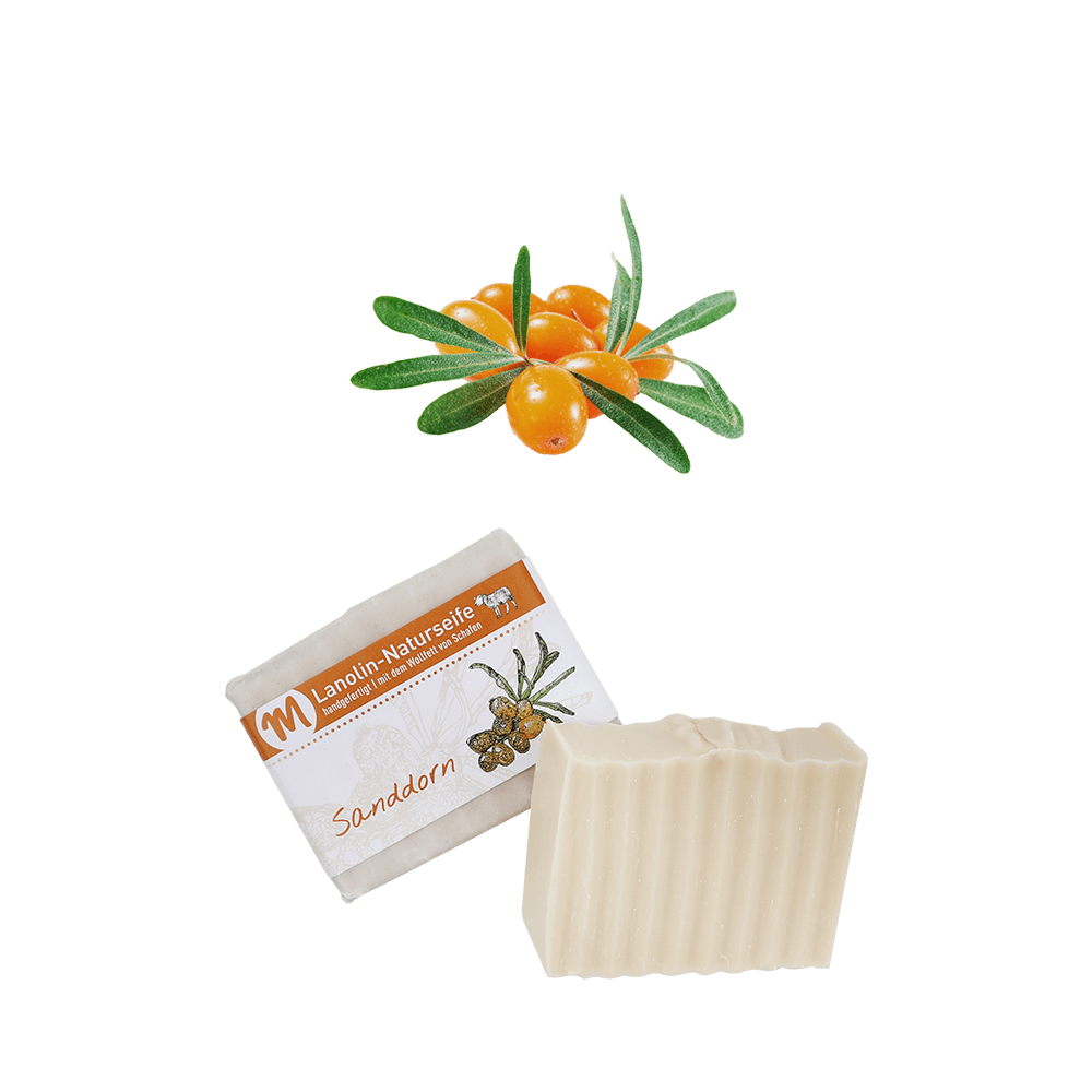 Zwei Stücke Lanolin-Naturseife Sanddorn mit Sanddornbeeren.