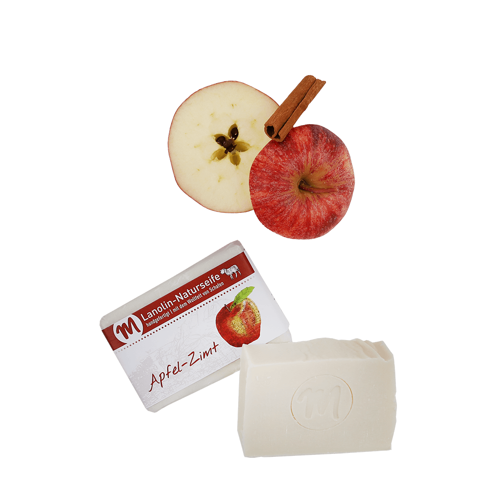 Zwei Stücke Lanolin-Naturseife in Apfel-Zimt.