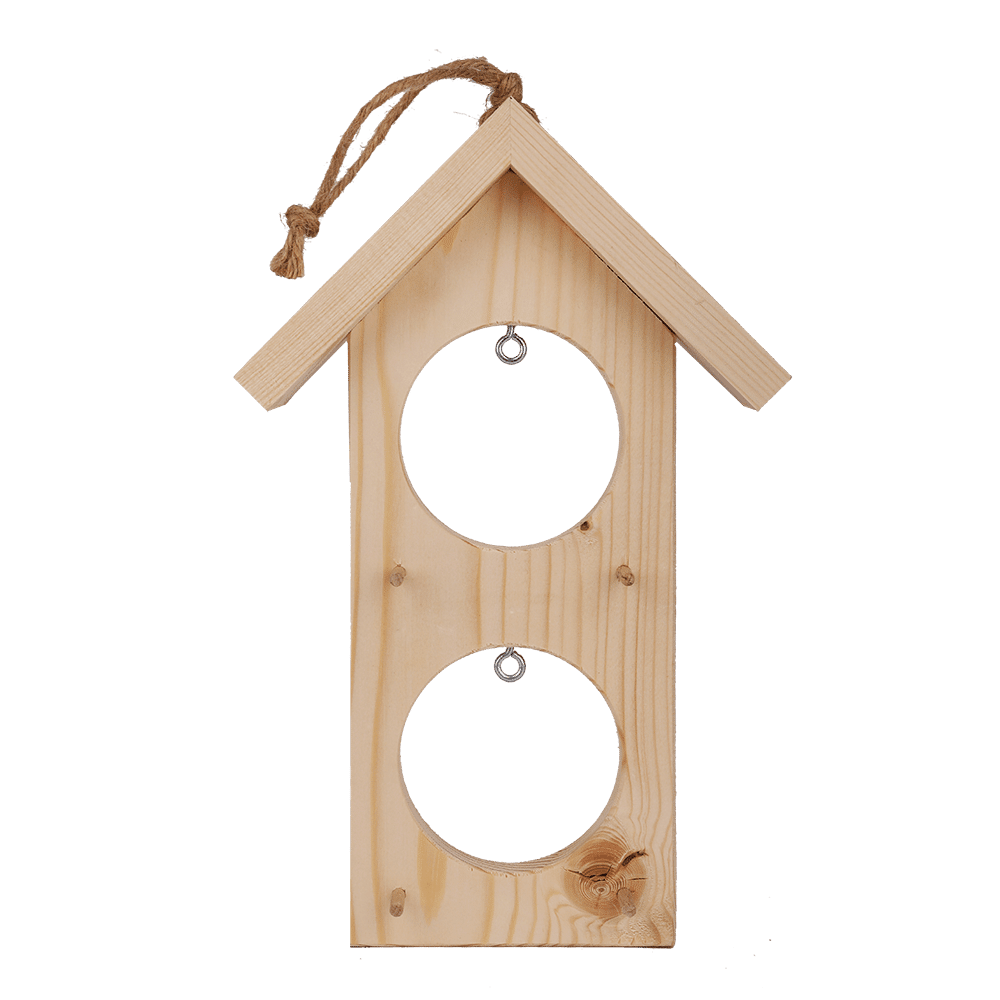 Vogelfutterhaus aus Holz mit zwei Löchern für Meisenknödel, naturbelassen.