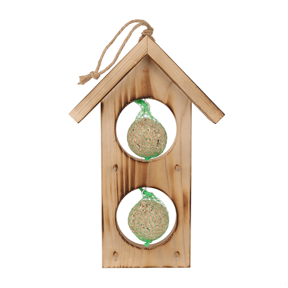 Vogelfutterhaus aus Holz mit zwei Meisenknödeln, abgeflammt.