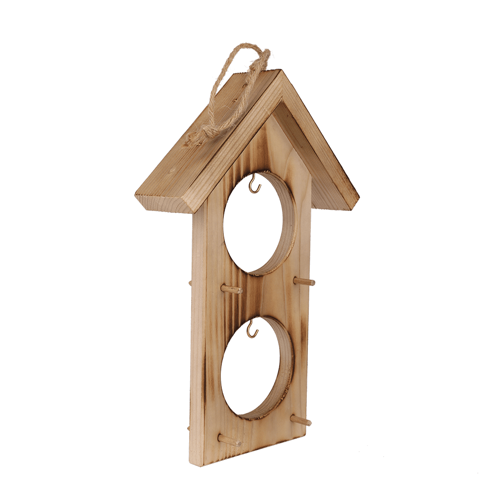 Vogelfutterhaus aus Holz mit zwei Löchern für Meisenknödel, abgeflammt.