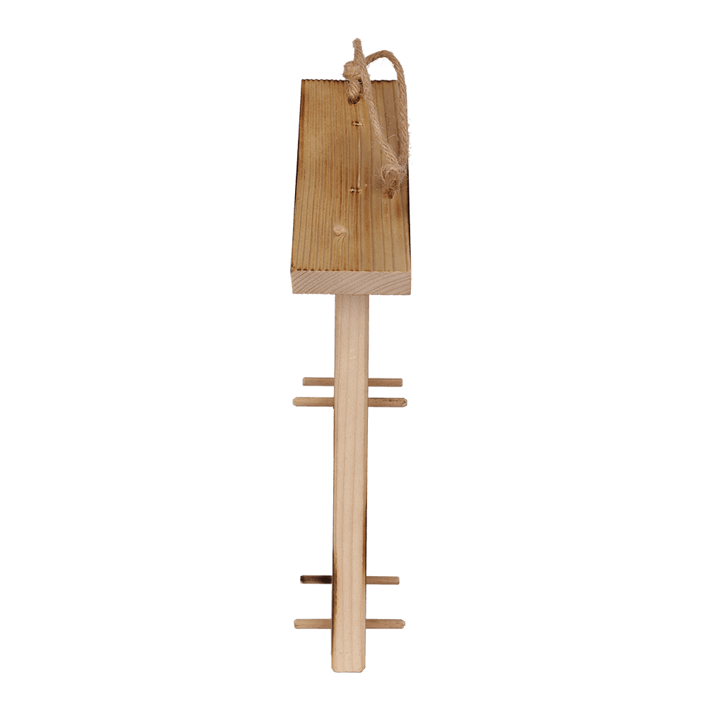 Vogelfutterhaus aus Holz seitlich.