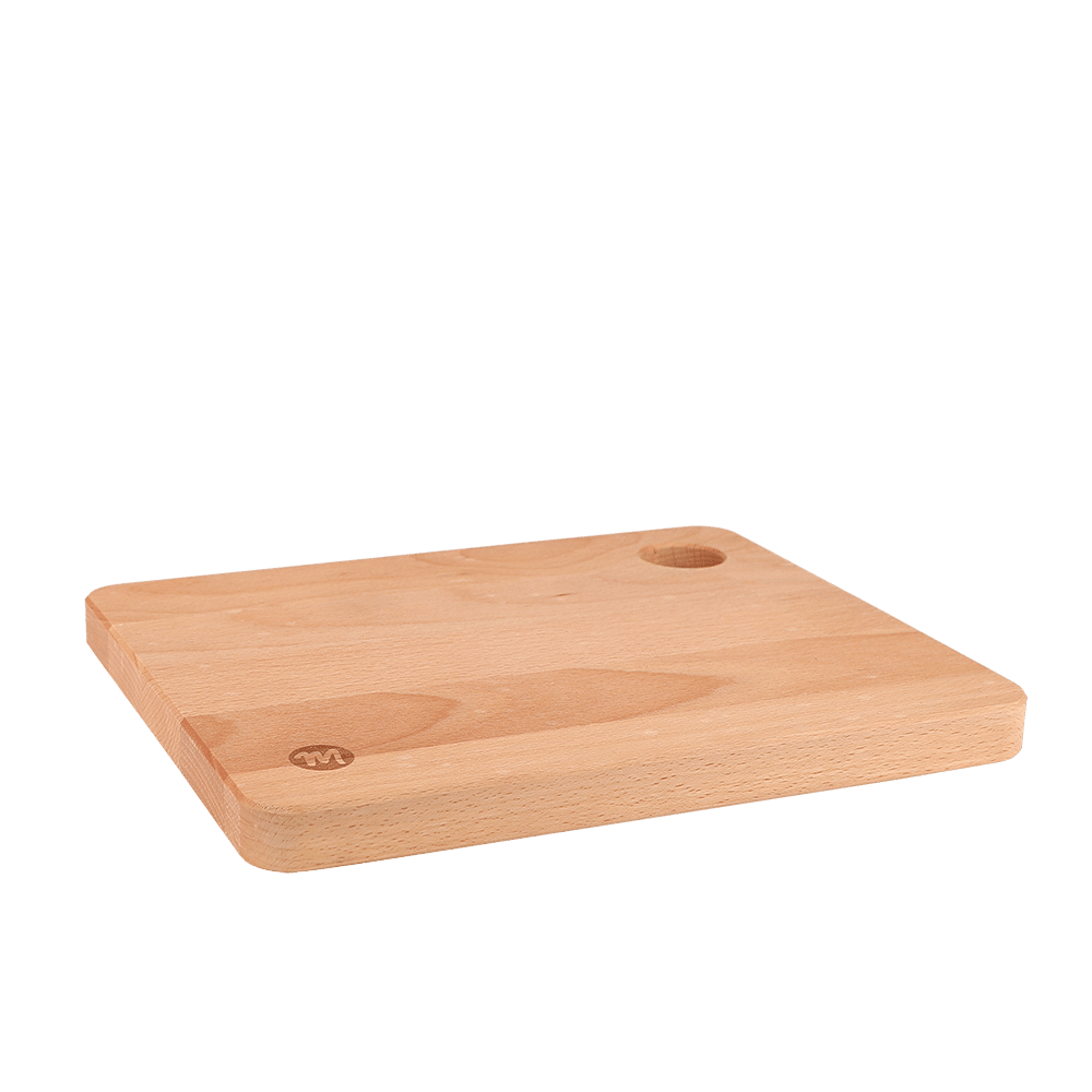 Frühstücksbrett aus Holz mit kleinem middenmang-Logo, liegend.