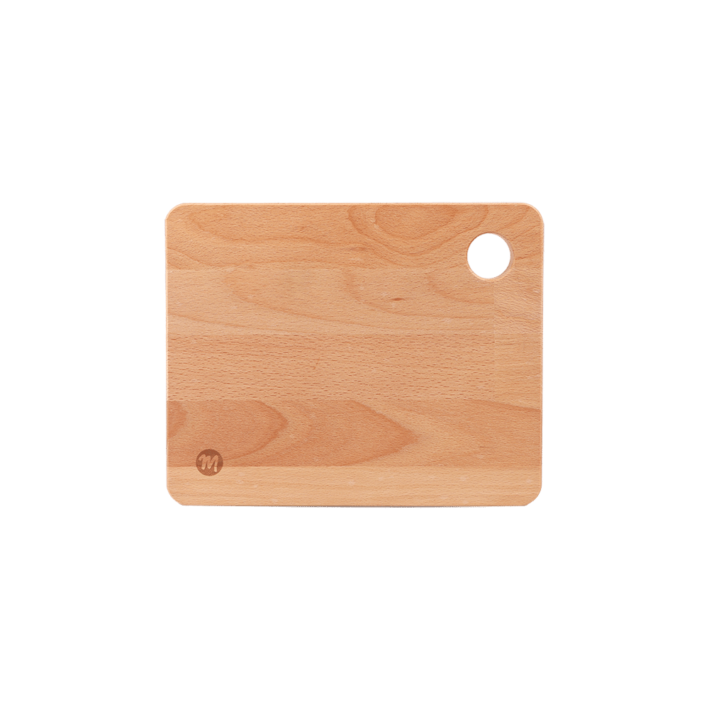 Frühstücksbrett aus Holz mit kleinem middenmang-Logo.