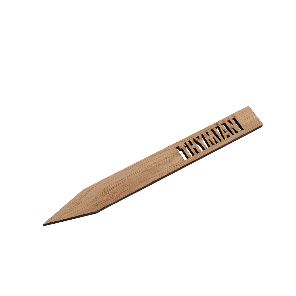 Ein Pflanzenschild aus Holz der Variante Thymian.