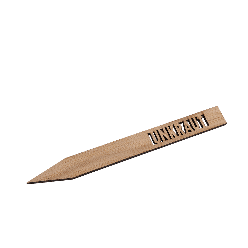 Ein Pflanzenschild aus Holz der Variante Unkraut.