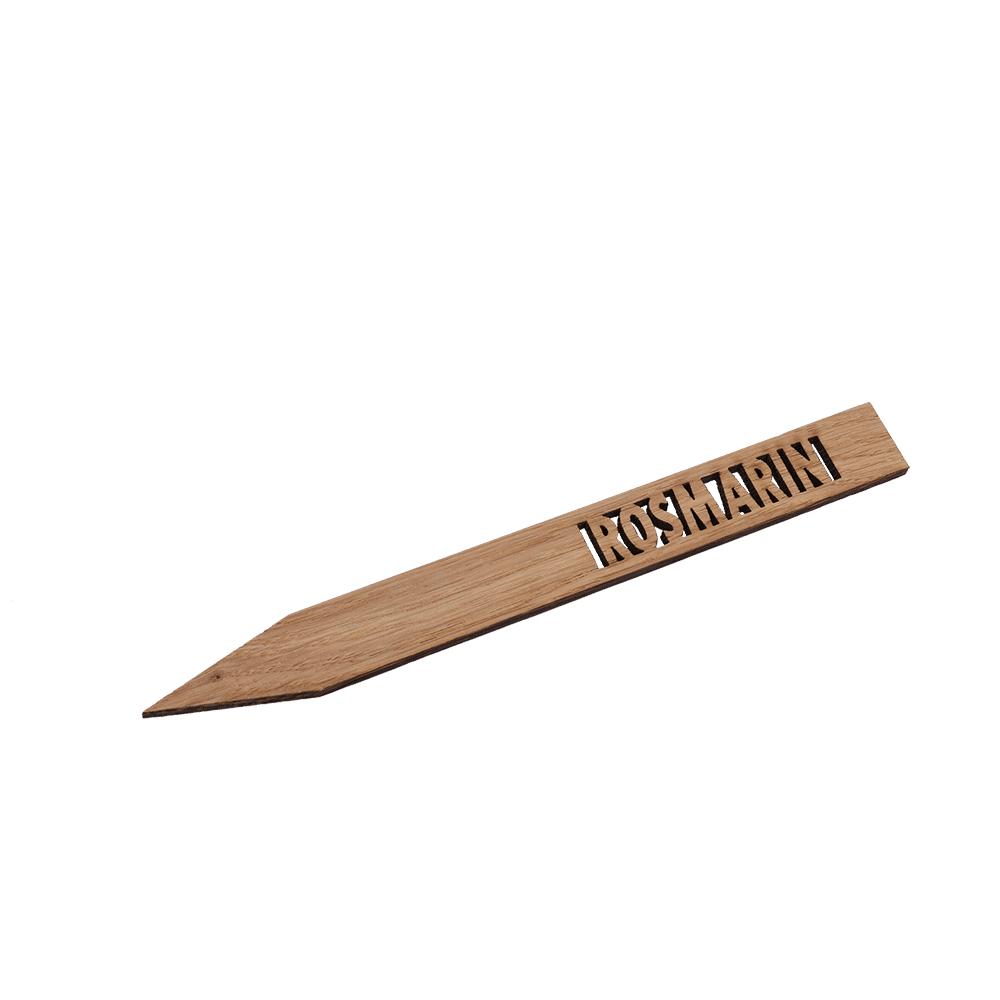 Ein Pflanzenschild aus Holz der Variante Rosmarin.