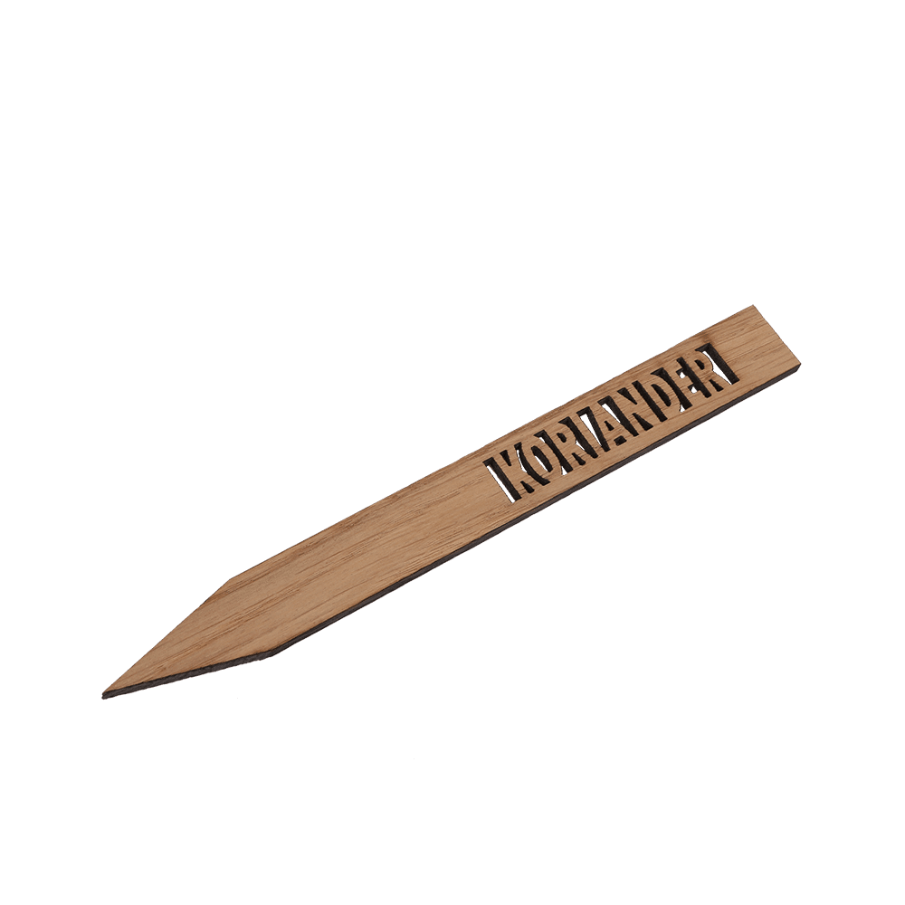 Ein Pflanzenschild aus Holz der Variante Koriander.