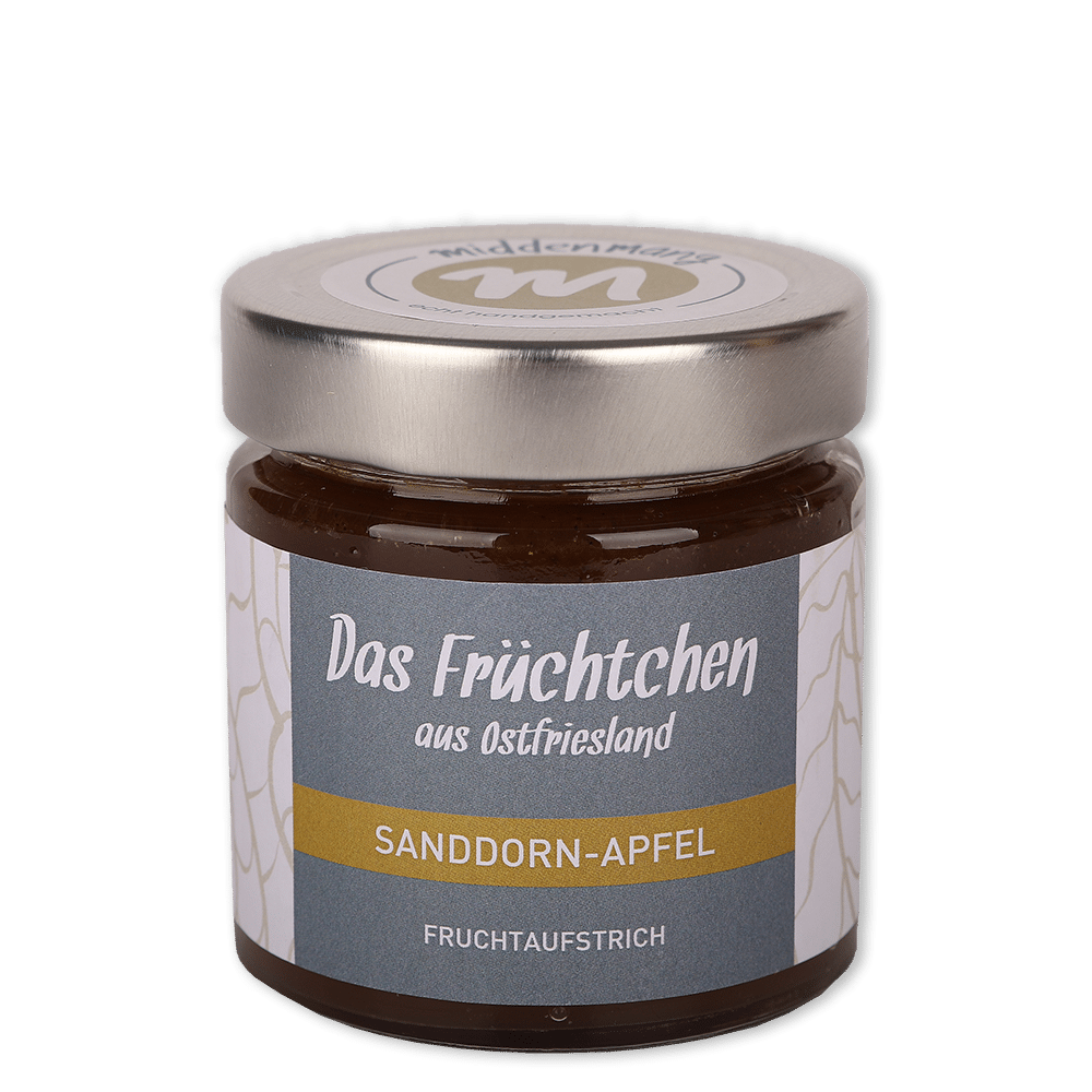 Ein Glas Fruchtaufstrich der Sorte Sanddorn-Apfel.