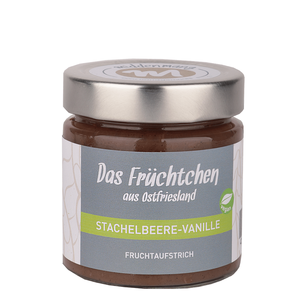 Ein Glas Fruchtaufstrich mit einem Etikett der Variante Stachelbeere-Vanille.
