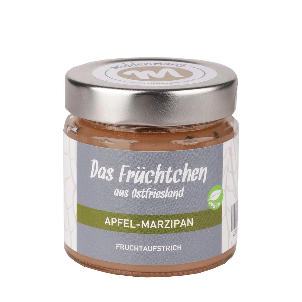 Ein Glas Fruchtaufstrich der Sorte Apfel-Marzipan.