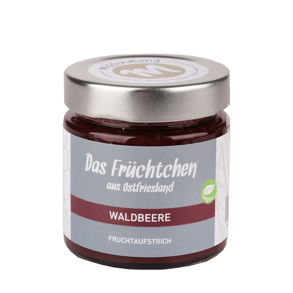Ein Glas Fruchtaufstrich der Sorte Waldbeere.