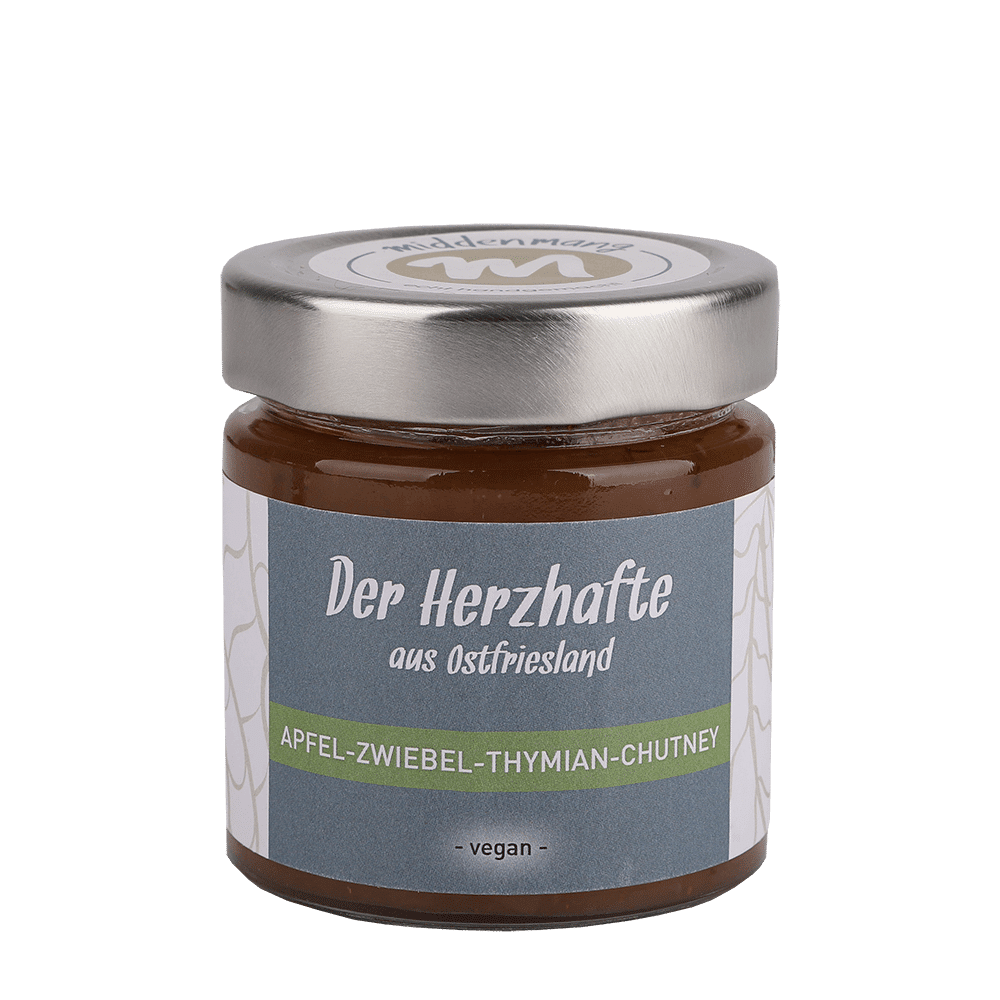 Ein Glas der Sorte Apfel-Zwiebel-Thymian-Chutney.