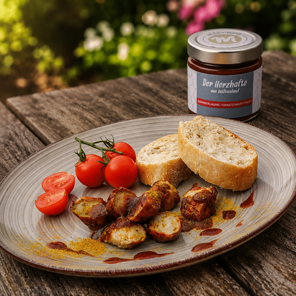 Ein Teller mit Currywurst und mit der Sommerlaune Tomatensauce.