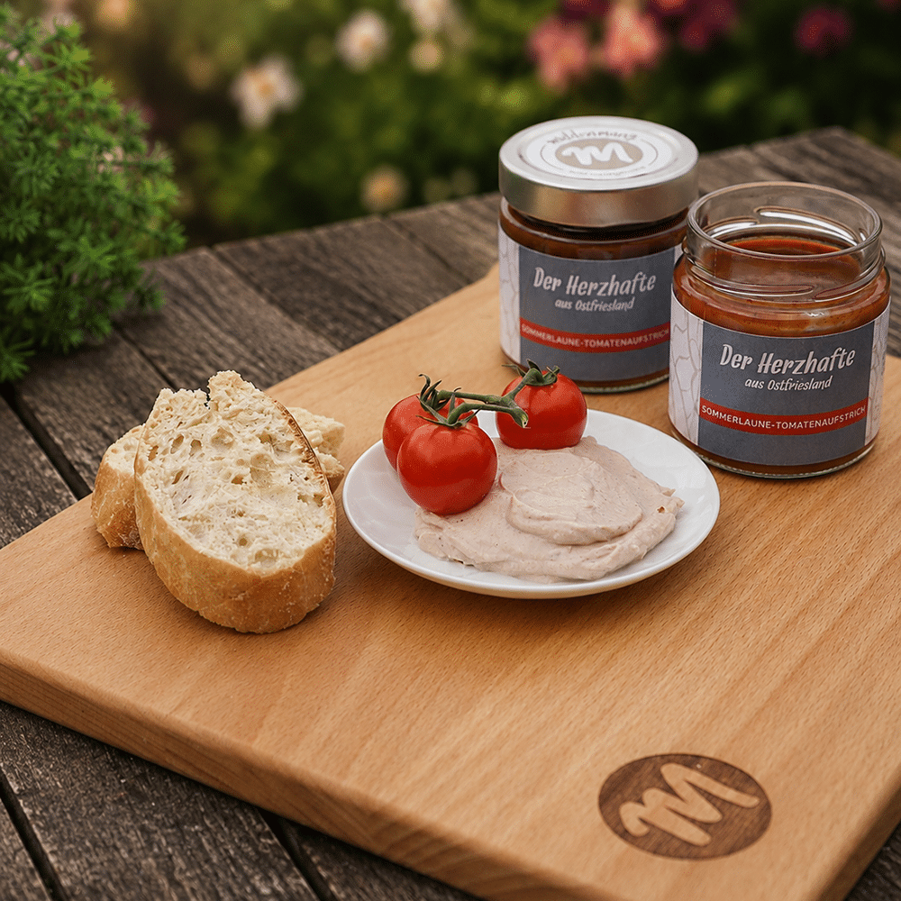 Ein Holzbrett mit Brot, Dip und der Sommerlaune Tomatensauce.
