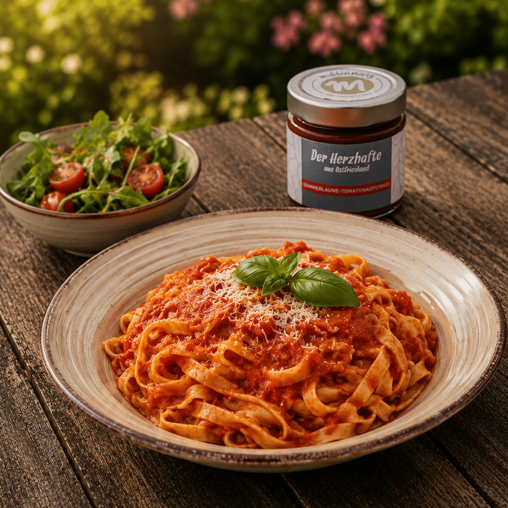 Ein Teller mit Pasta und der Sommerlaune Tomatensauce.