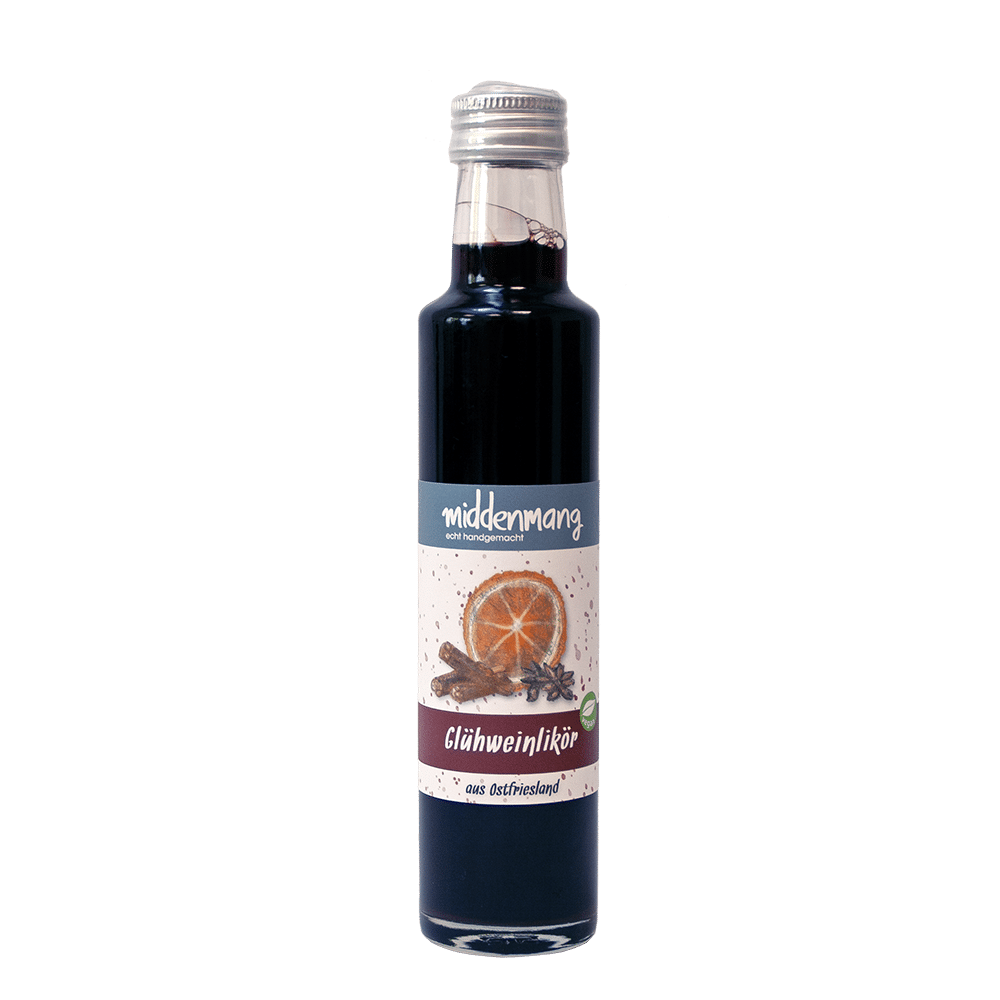 Flasche mit dunkelrotem Inhalt und Etikett der Sorte Glühweinlikör.