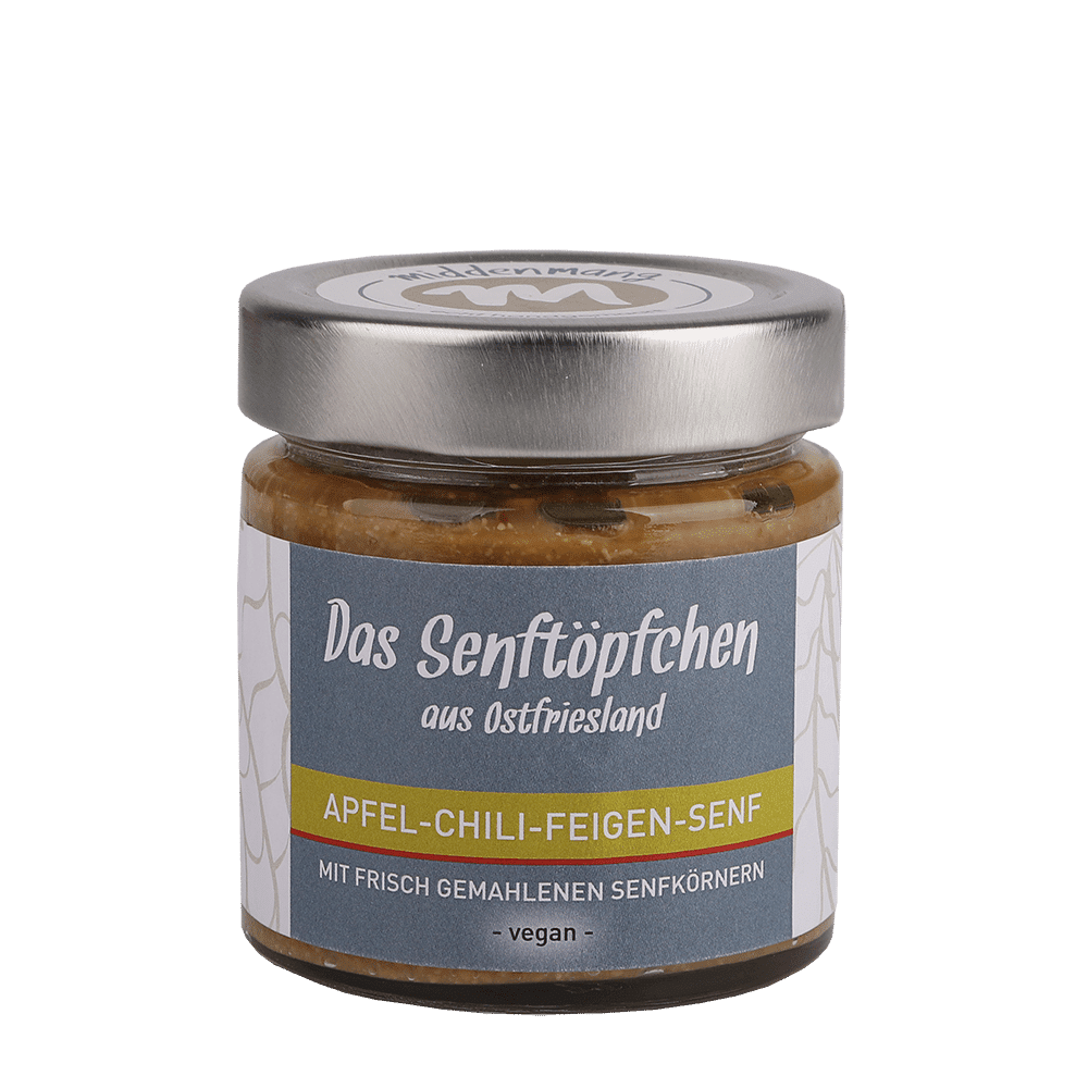 Ein Glas der Sorte Apfel-Chili-Feigen-Senf.