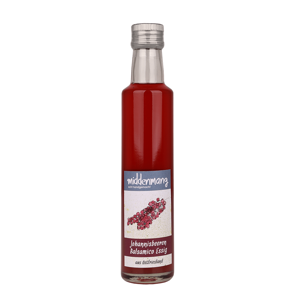 Flasche mit rotem Inhalt und Etikett der Sorte Johannisbeeren Balsamico Essig.