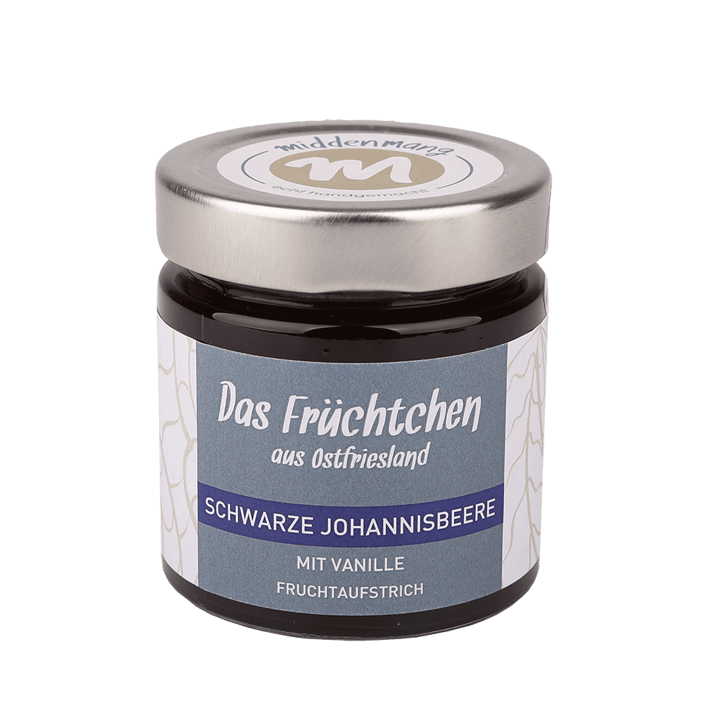 Ein Glas mit einem Etikett der Variante schwarze Johannisbeere mit Vanille.