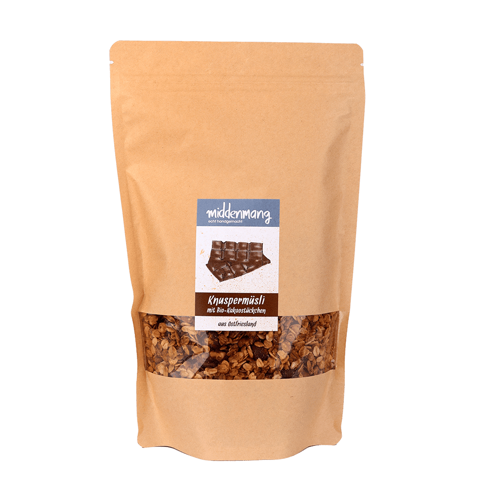 Knuspermüsli mit Kakaostückchen in einer 500g-Tüte.