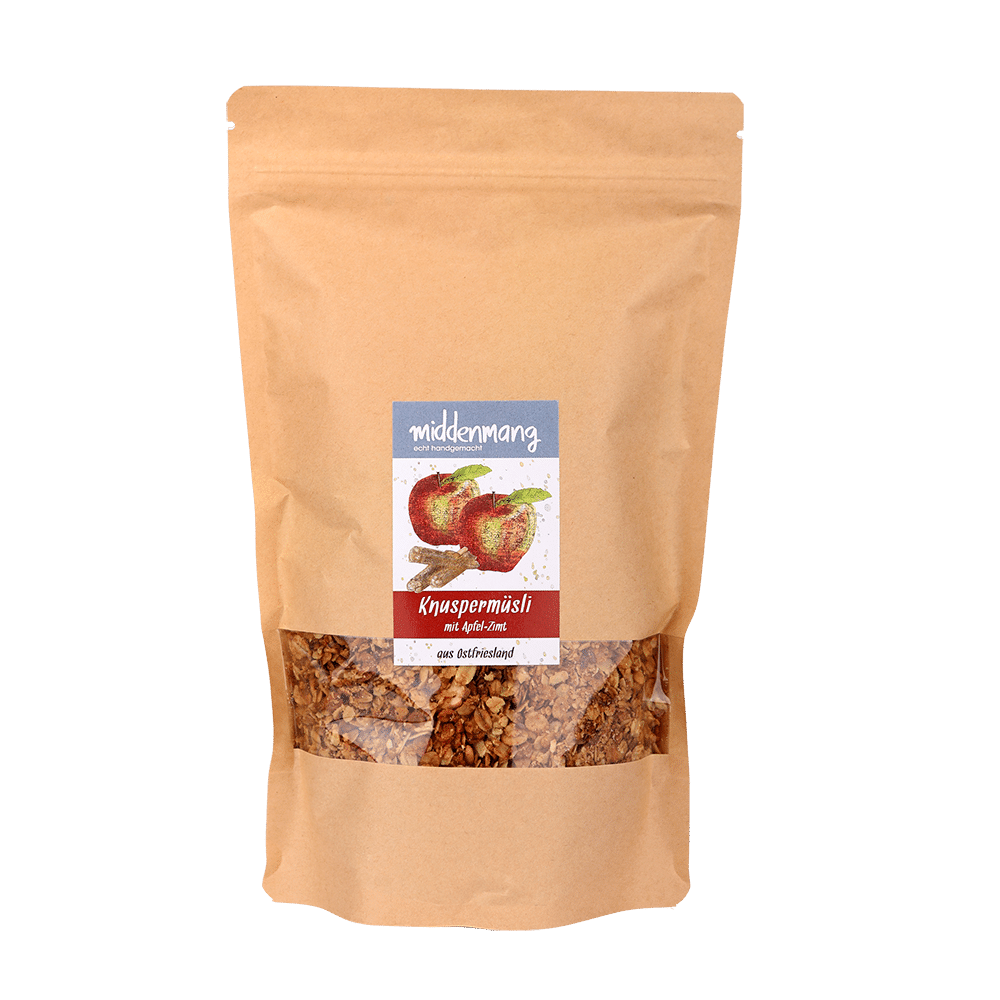 Knuspermüsli mit Apfel-Zimt in 500g-Tüte.