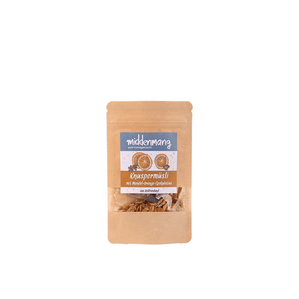 Knuspermüsli mit Mandel-Orange-Spekulatius in 15g-Probiertüte.
