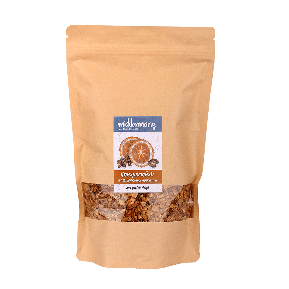 Knuspermüsli mit Mandel-Orange-Spekulatius in einer 500g-Tüte.