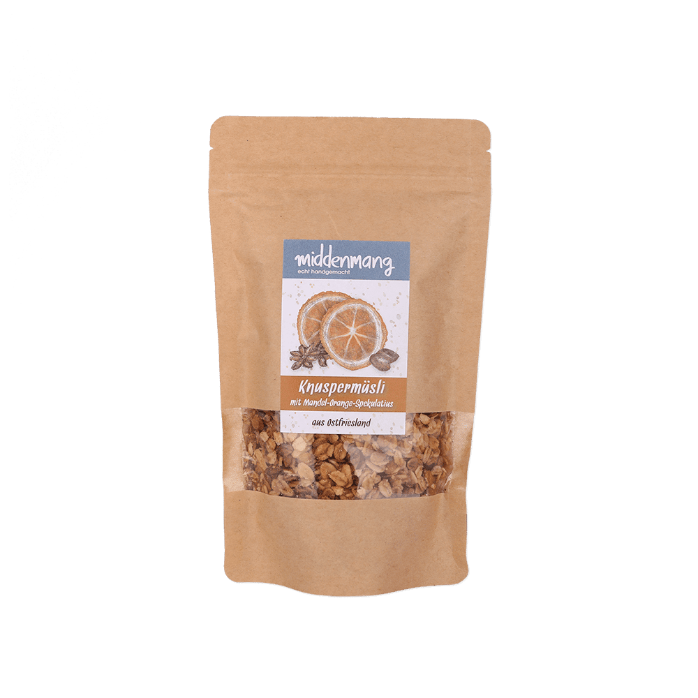 Knuspermüsli Mandel-Orange-Spekulatius in einer 210g-Tüte.