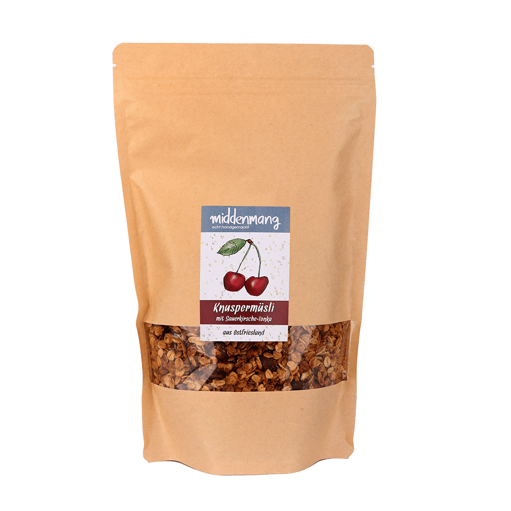Knuspermüsli mit Sauerkirsche-Tonka in 500g-Tüte.