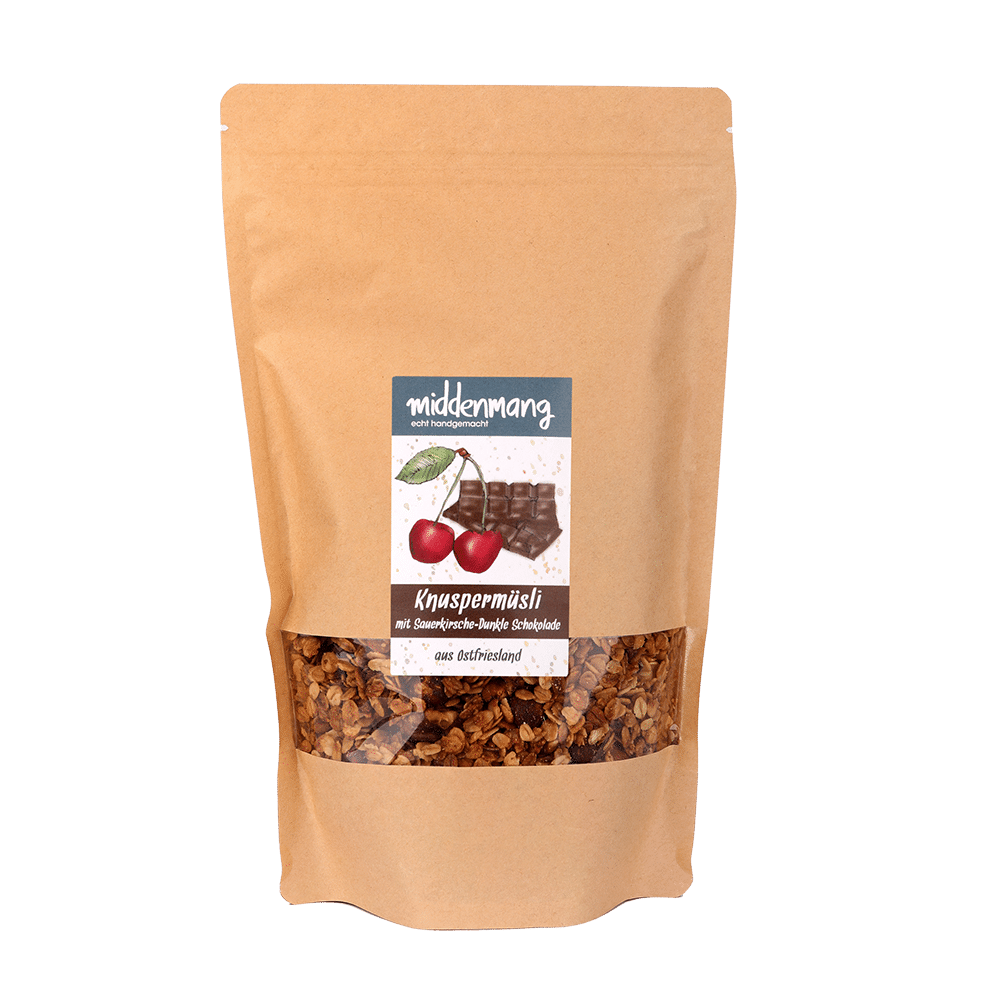 Knuspermüsli mit Sauerkirsche-Dunkle Schokolade in einer 500g-Tüte.