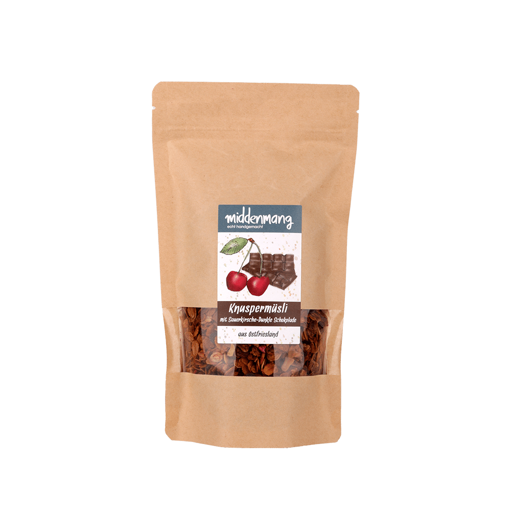 Knuspermüsli mit Sauerkirsche-Dunkle Schokolade in einer 210g-Tüte.