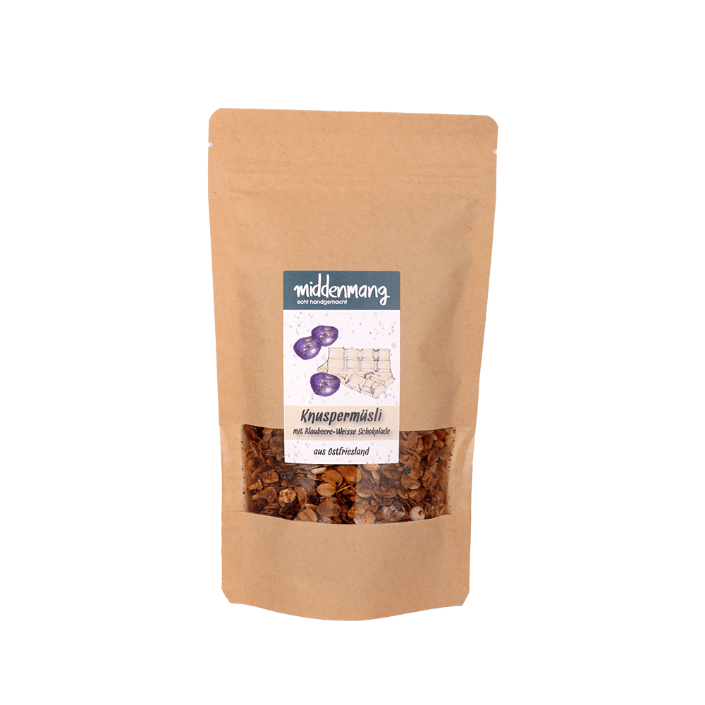 Knuspermüsli mit Blaubeere-Weisse Schokolade in einer 210g-Tüte.