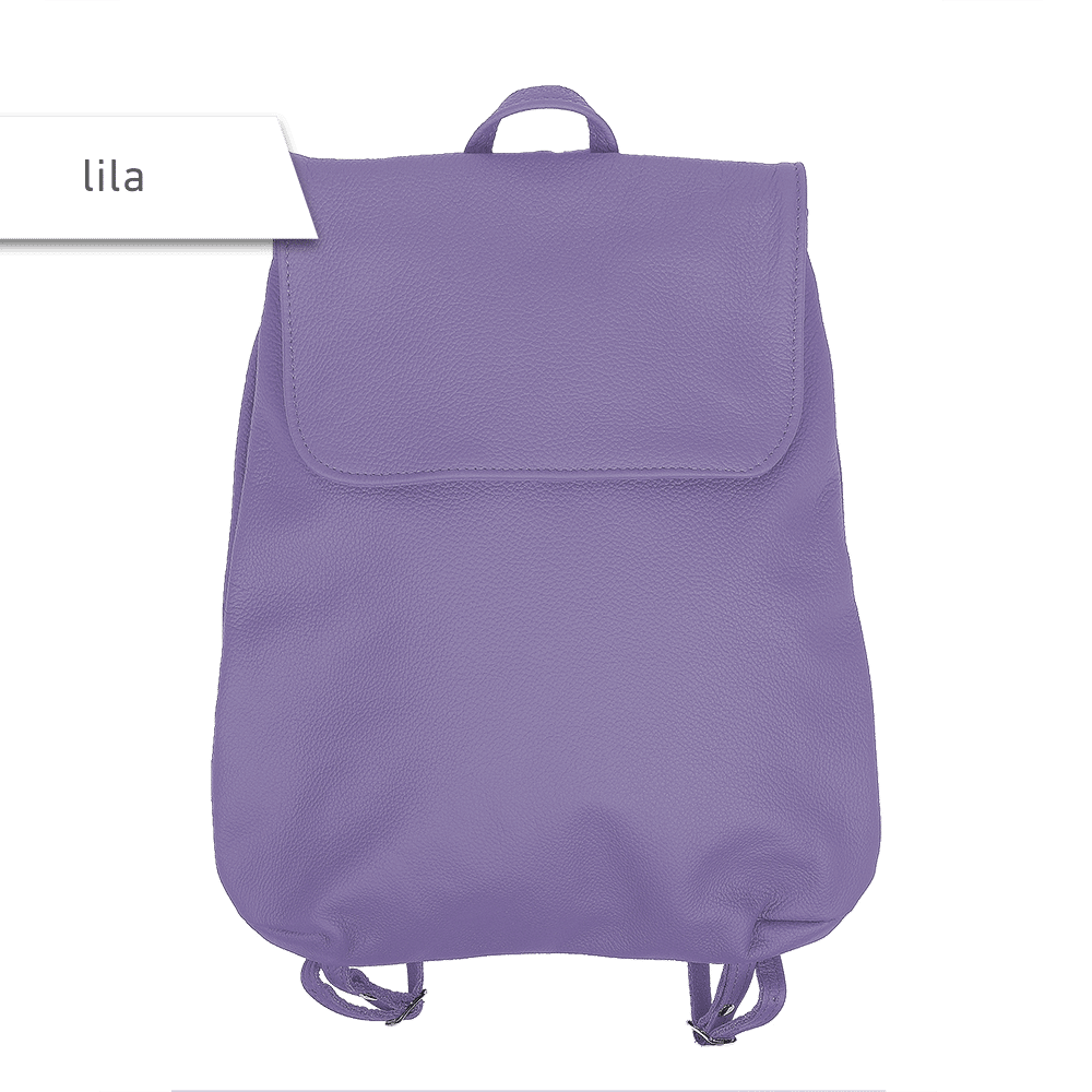 Kleiner Rucksack aus Leder in der Farbe lila.