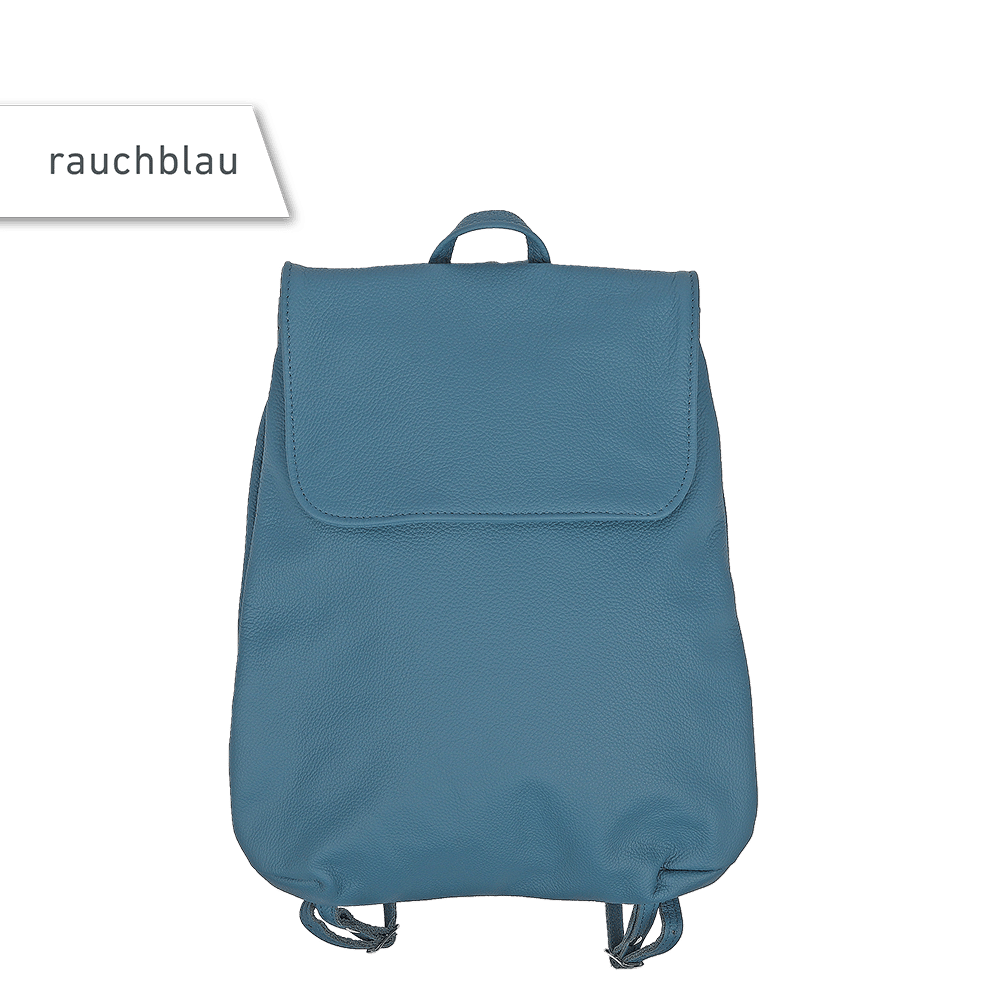 Ein kleiner Rucksack aus Leder in der Farbe rauchblau.