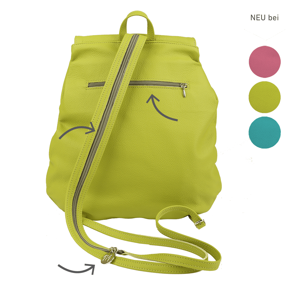 Ein kleiner Rucksack aus Leder in der Farbe apfelgrün von hinten.