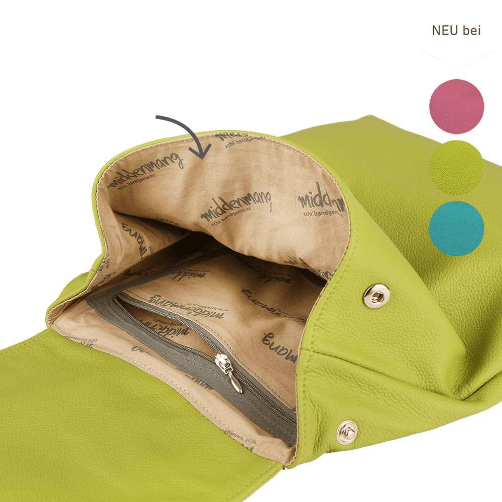 Die Innenseite eines Rucksacks aus Leder in der Farbe apfelgrün.